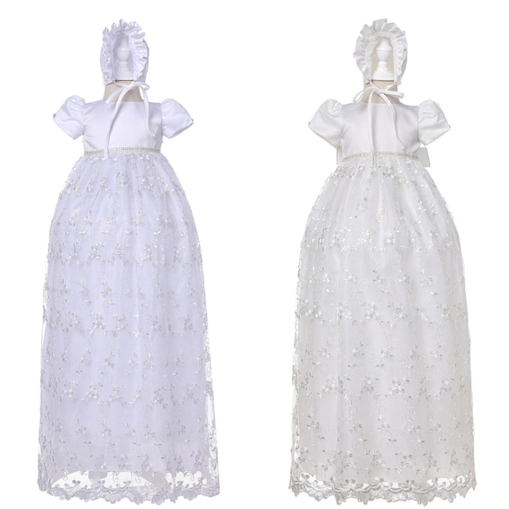 Long Lace Baby Girl Baptism Christening Dress Set – Ivory or White Princess Gown with Bonnet MEEJOY