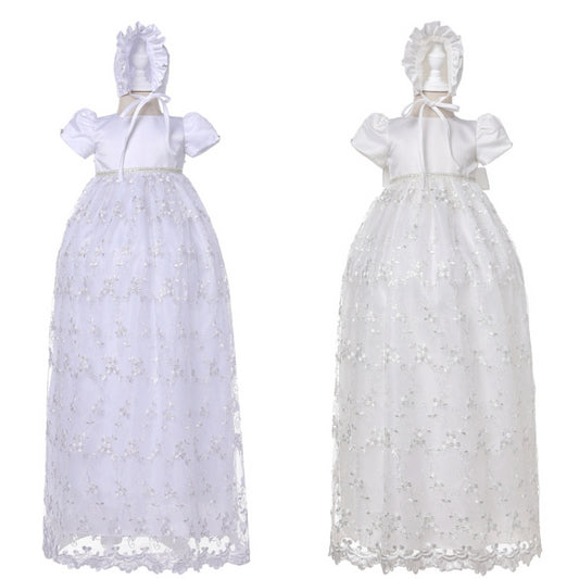 Long Lace Baby Girl Baptism Christening Dress Set – Ivory or White Princess Gown with Bonnet MEEJOY