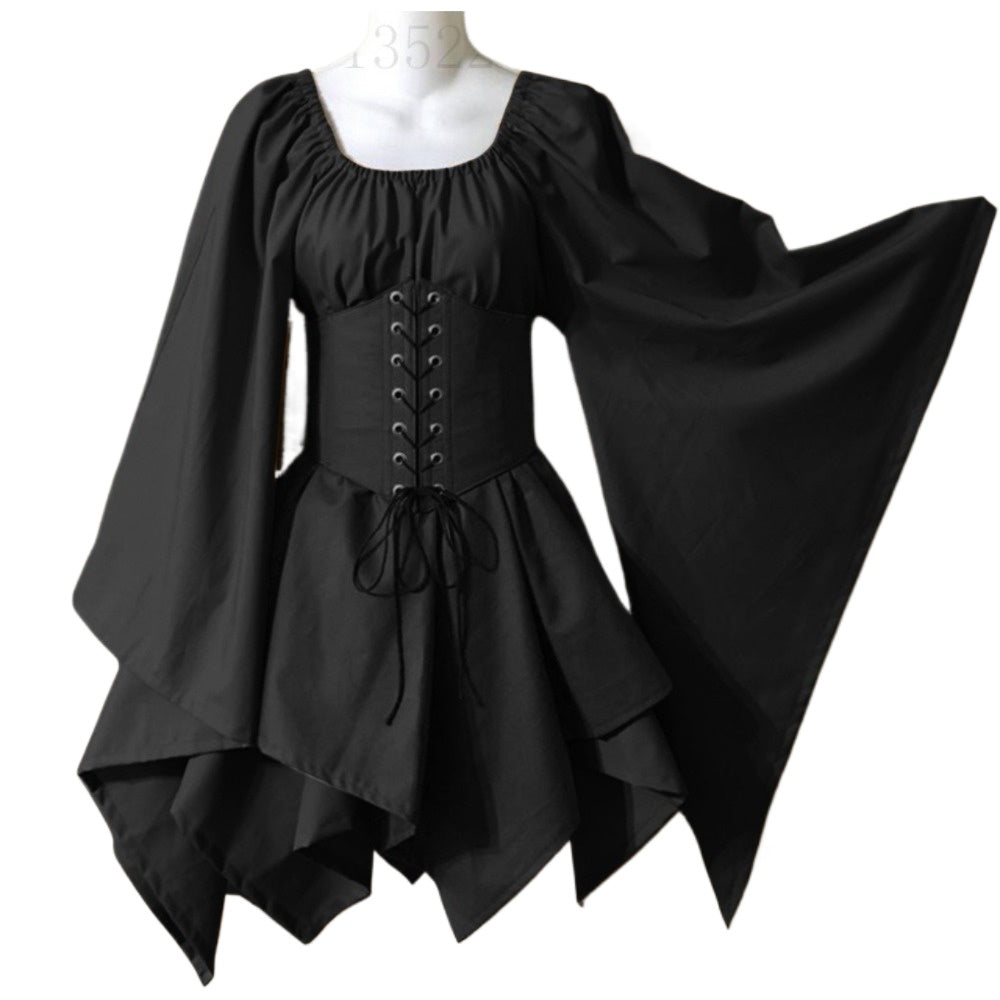 Trumpet Sleeve Long Sleeve Medieval Renaissance Dress Wrinkle-free Mock Two-piece