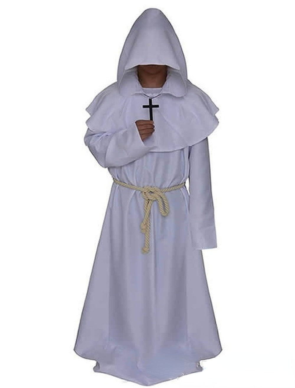 Men Medieval Friar Hooded Robe Monk Cross Necklace Renaissance Halloween Costume