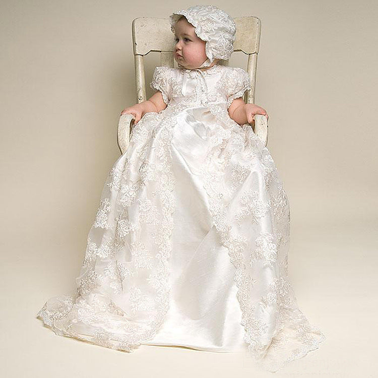 Luxury 3PCS Lace Long Baby Baptism Christening Gown Blessing Dress + Bonnet