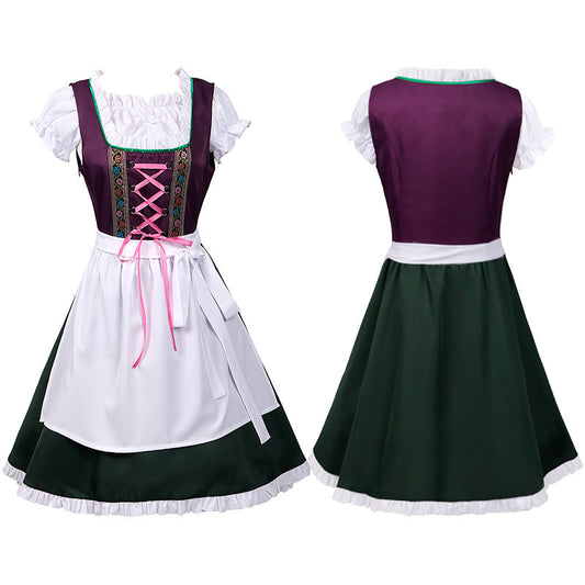 Women Dirndl Dress Bavarian German Traditional Oktoberfest Purple Green Floral Beer Dress