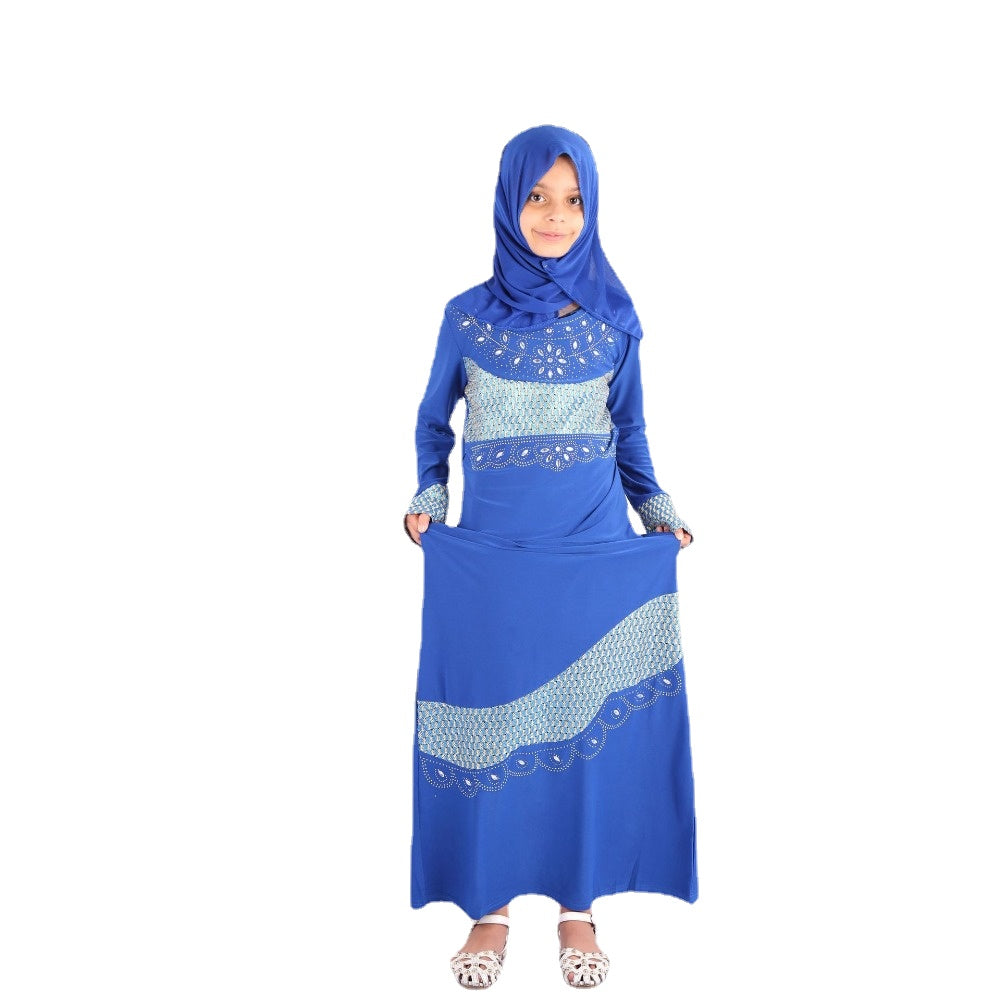 Elegant Arabian Girls Child Beaded Prayer Robe - Stunning Dubai Middle East Islamic Headscarf and Muslim Dress for Kid