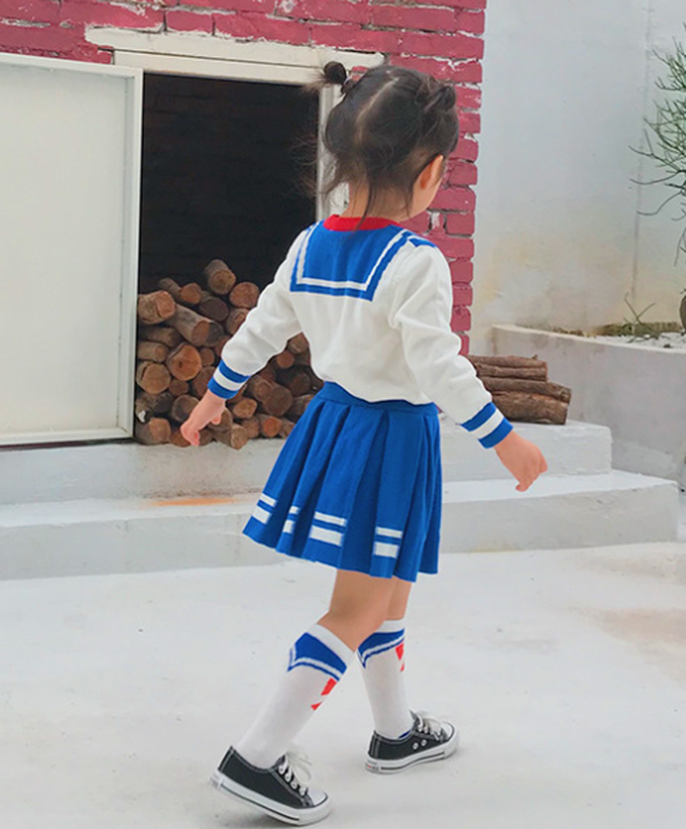 Girls Navy Sailor Costume Long Sleeve Knit School Uniform + Stockings