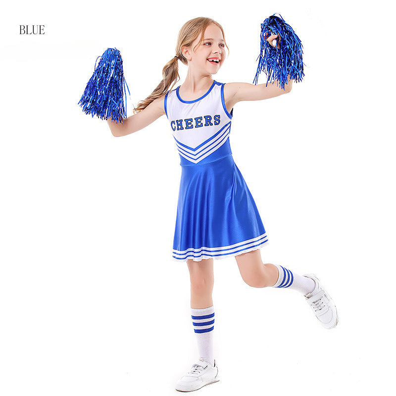 Children's Cheer Leading Uniform Five-color CHEERS Sleeveless Girls Cheerleading Full Set Skirt ,Socks, lala flowers