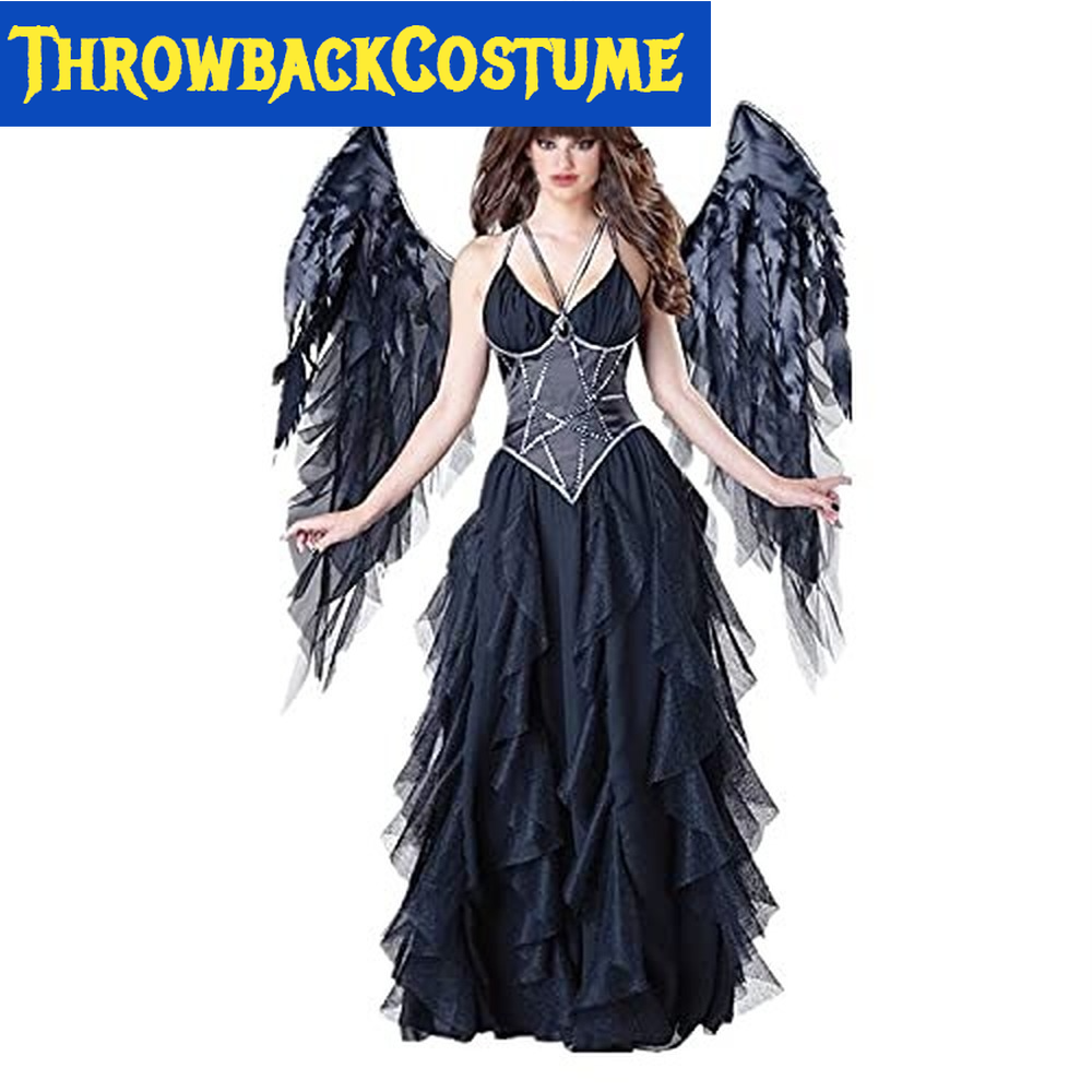 Dark Angel Costume Adult Fallen Angel Women Halloween Fancy Dress with Wings and Halo