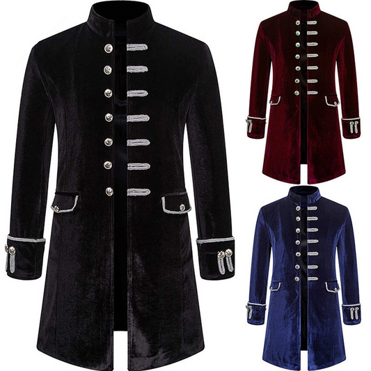 Men's Steampunk Medieval Tailcoat Jacket Gothic Victorian Frock Coat Punk Vintage Velvet Uniform Coat with Stand Collar