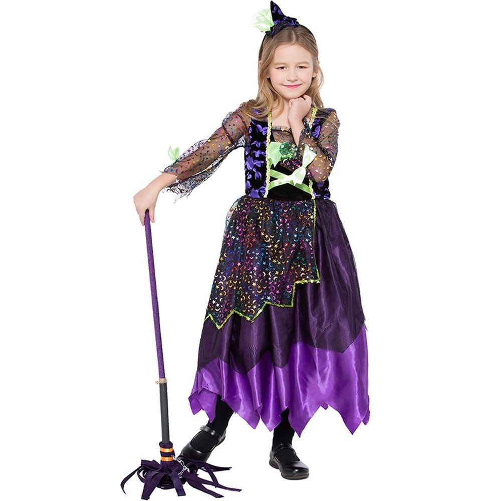 Girls Witch Costume Halloween Party Fancy Dress Kids Wizard Queen Cosplay Outfit