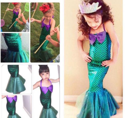 Girls Princess Little Mermaid Costume + Wig Halloween Cosplay Birthday Party Dress