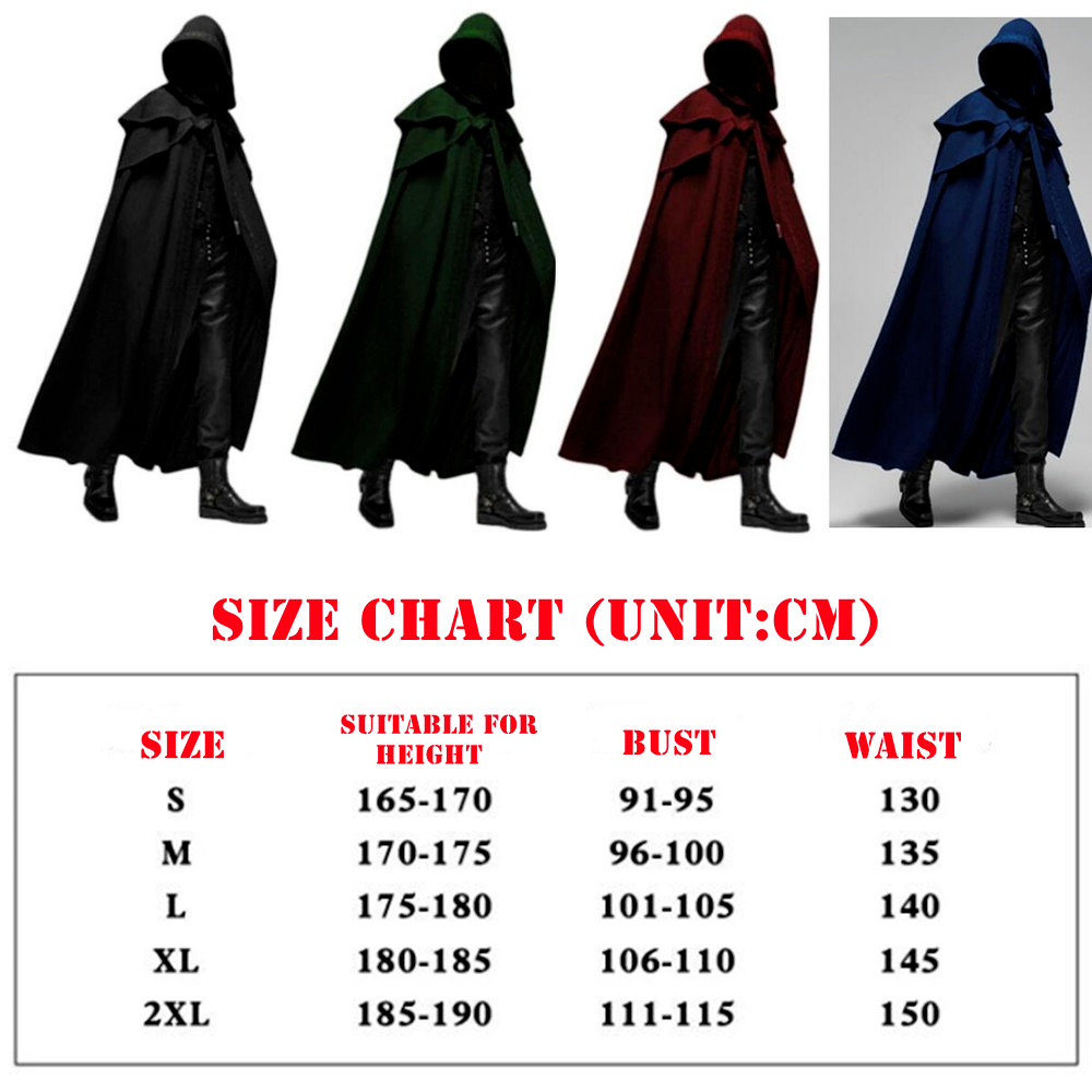 Men Long Hooded Cloak Wizard Witch Medieval Knight Cape Gothic Halloween Costume