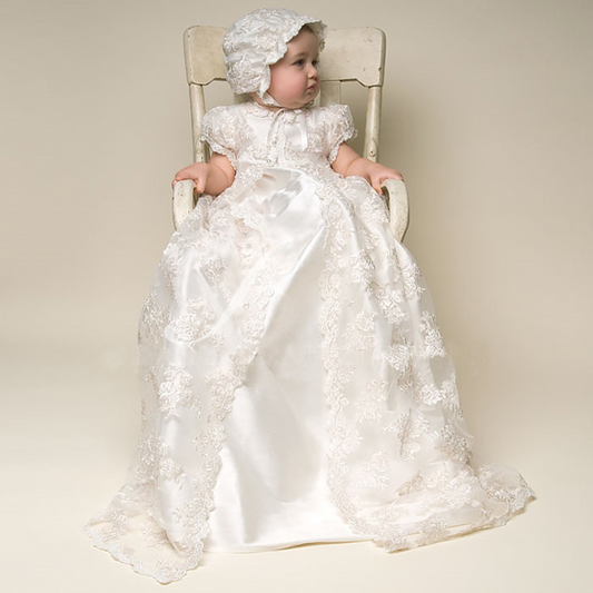 Luxury 3PCS Lace Long Baby Baptism Christening Gown Blessing Dress + Bonnet