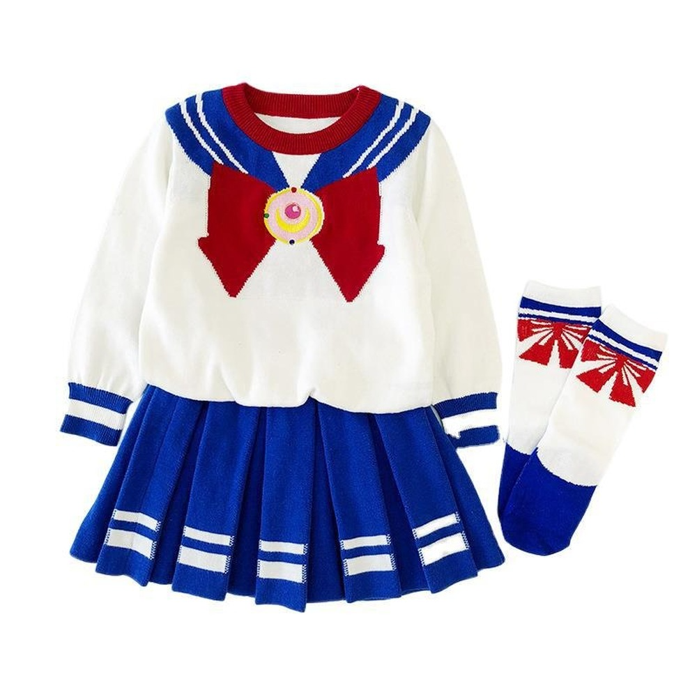 Girls Navy Sailor Costume Long Sleeve Knit School Uniform + Stockings