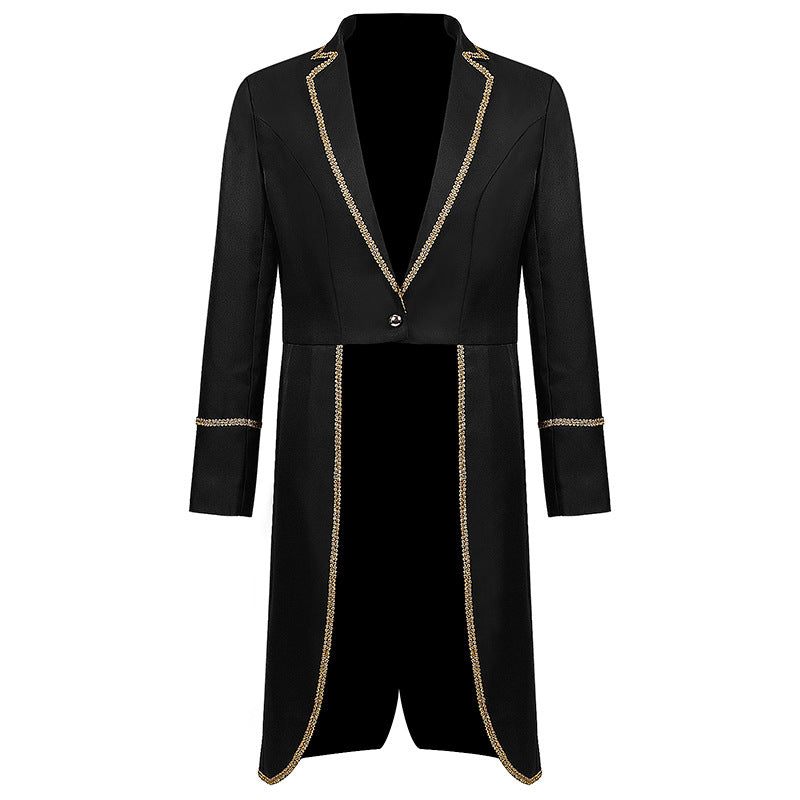 Men's Medieval Vintage Mid-length Punk Tuxedo Tailcoat and Gold Trim Halloween Costume