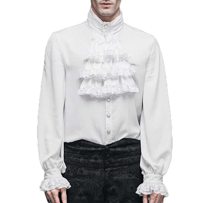 Gothic Ruffle Stand-up Collar Long Sleeve Men's Shirt with Tie - Elegant and Stylish Regency Era