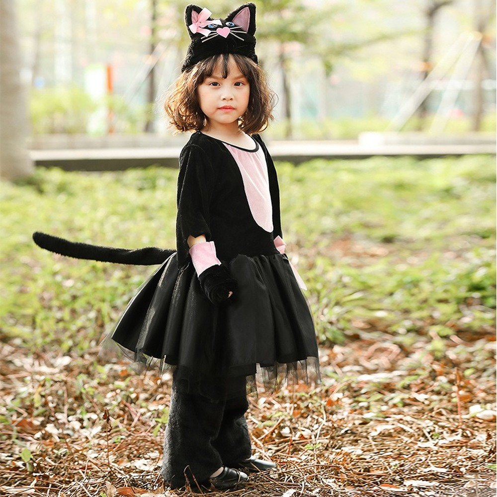 Girls Black Cat Costume Animal Zoo Party Kids Halloween Full Set Fancy Dress